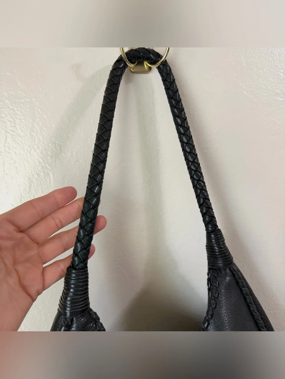 Margot NY Black Pebble Leather Slouchy Hobo Bag Braided Whipstitch Boho Tote
